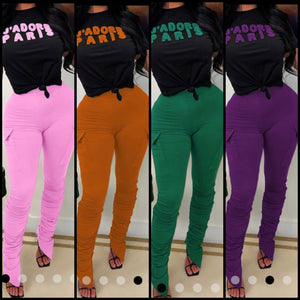 Women Letter Print Short Sleeve Fashion Two Piece Pocket Pant Set