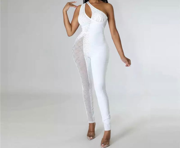Women Sexy One Shoulder Sleeveless Bling Mesh Patchwork Jumpsuit