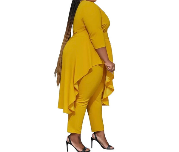 Women Yellow Sexy Asymmetrical Full Sleeve Two Piece Pant Set