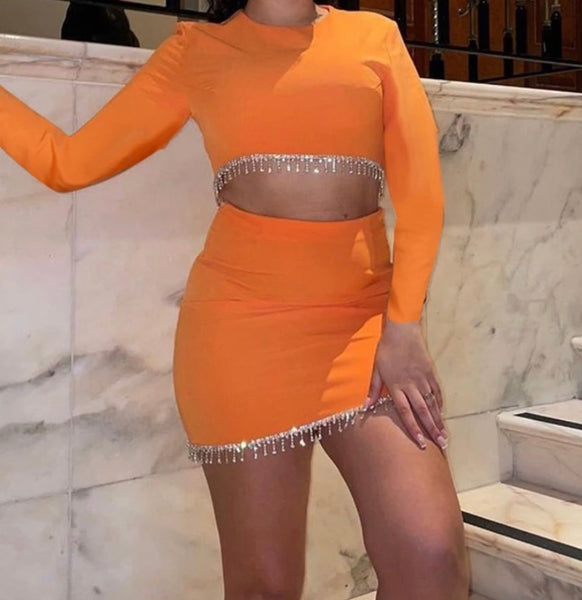 Women Sexy Orange Bling Tassel Full Sleeve Crop Two Piece Skirt Set