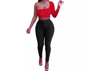 Women Fashion One Shoulder Crop Color-Block Two Piece Pant Set