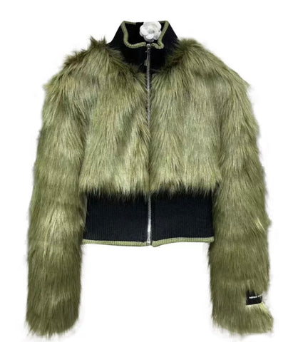 Women Fashion Green Faux Fur Jacket