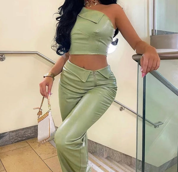 Women Sexy One Shoulder Crop PU Pant Set