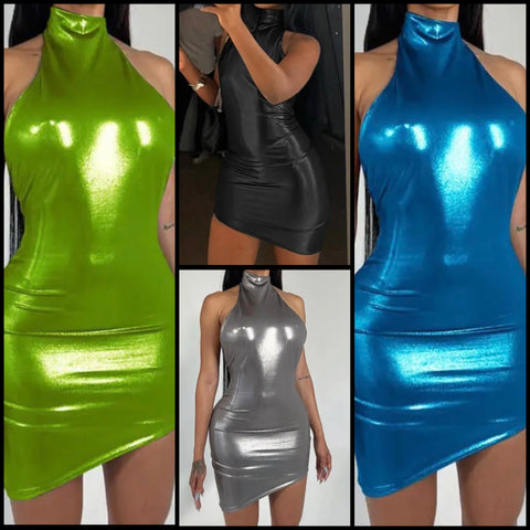 Women PU Sexy Sleeveless Backless Dress