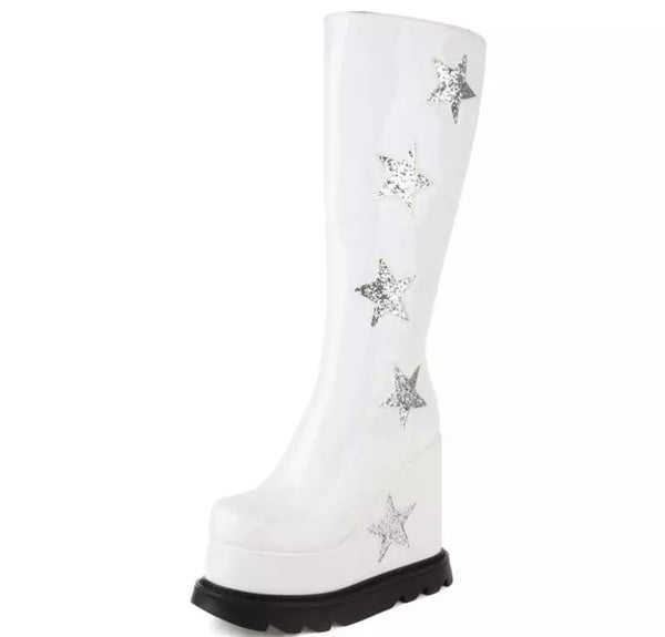 Women Patent Leather Star Thick Platform Knee-High Boots