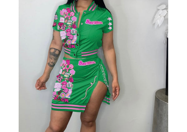 Women Printed Short Sleeve Varsity Two Piece Skirt Set