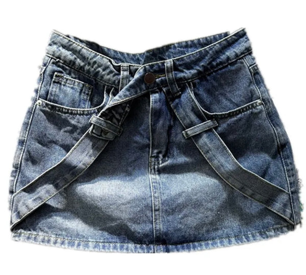 Women Fashion Criss Cross Strap Denim Skirt