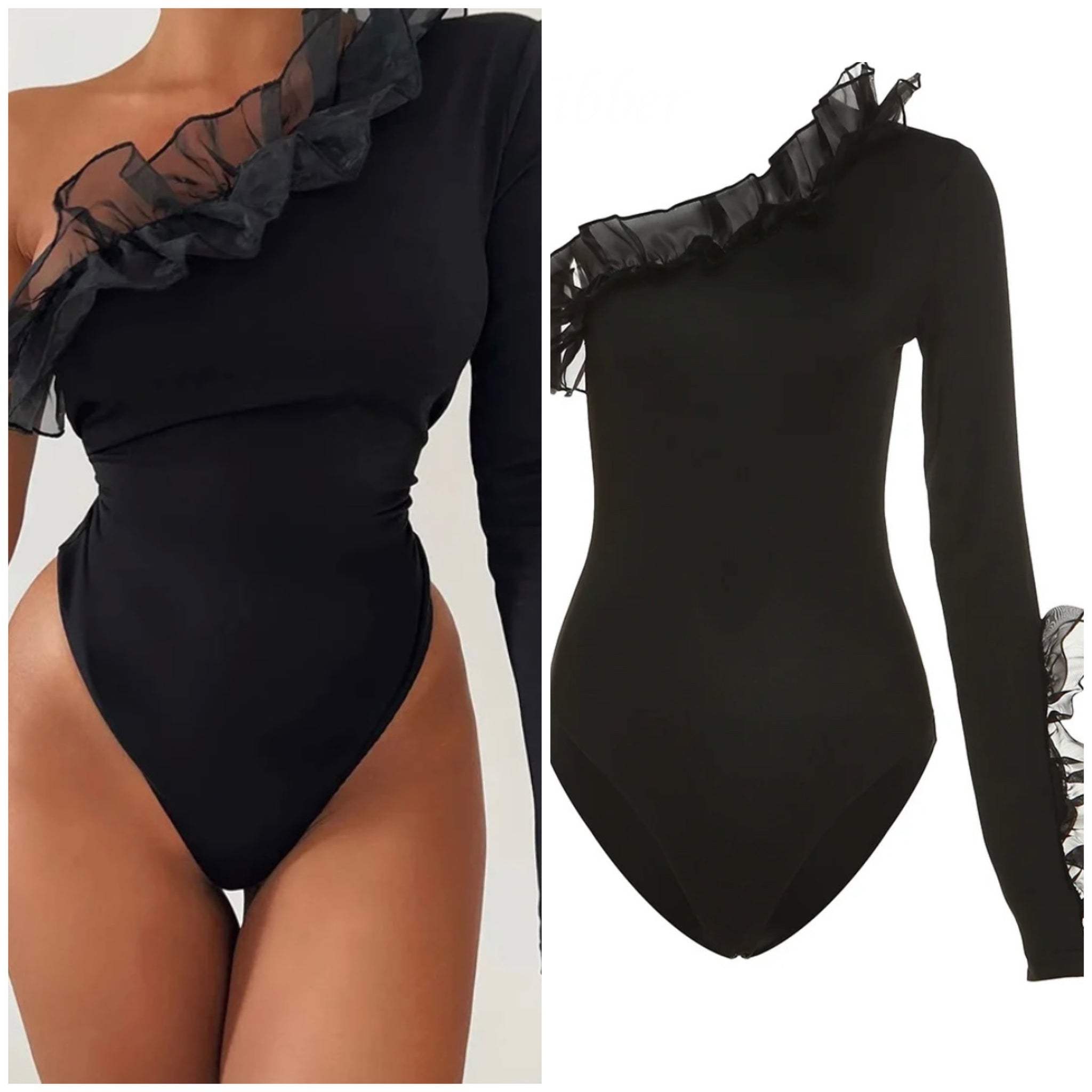 Women Sexy Ruffled One Shoulder Black Bodysuit Top