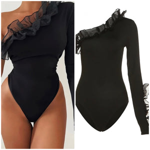 Women Sexy Ruffled One Shoulder Black Bodysuit Top