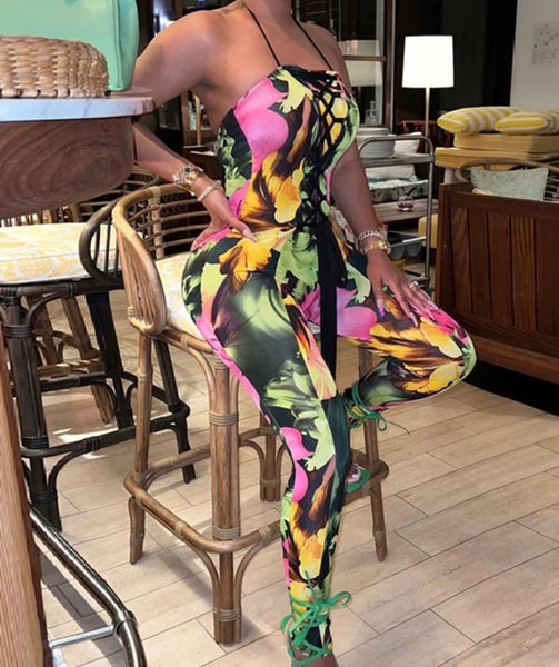 Women Sleeveless Colorful Floral Print Fashion Jumpsuit