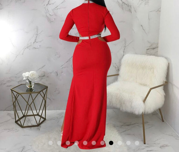 Women Sexy Bling Patchwork Full Sleeve Cut Out Maxi Dress