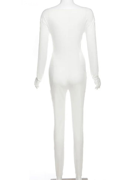 Women Fashion Full Sleeve Hollow Out Solid Color Jumpsuit