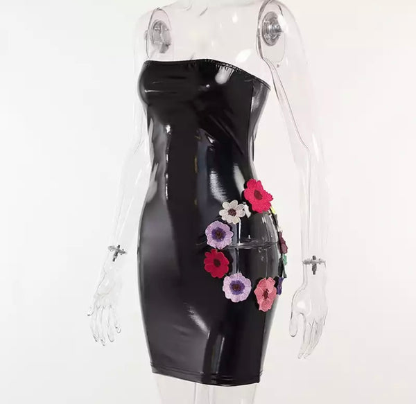 Women Sexy PU Strapless Floral Cut Out Dress