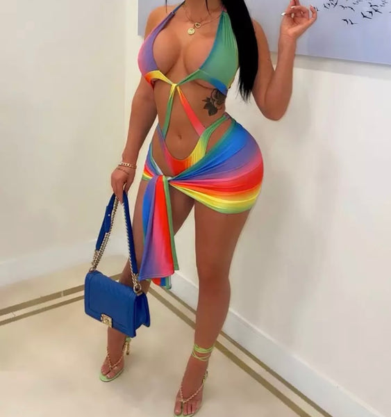 Women Sexy Rainbow Swimsuit Cover Up Set