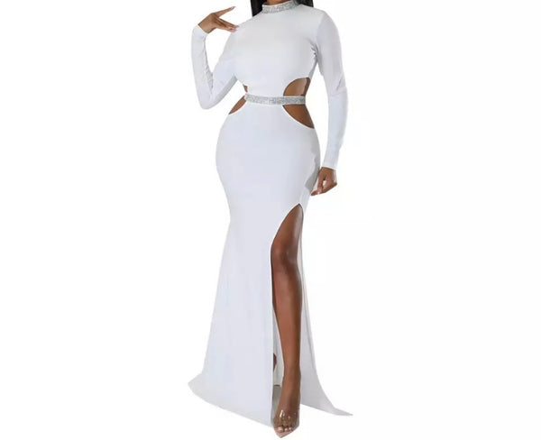 Women Sexy Bling Patchwork Full Sleeve Cut Out Maxi Dress