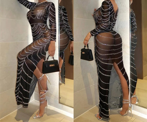 Women Full Sleeve Bling Mesh Sexy Maxi Dress