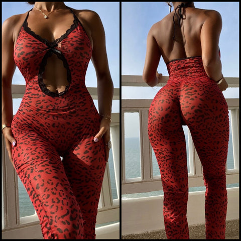 Women Sexy Sleeveless Animal Print Mesh Jumpsuit Lingerie