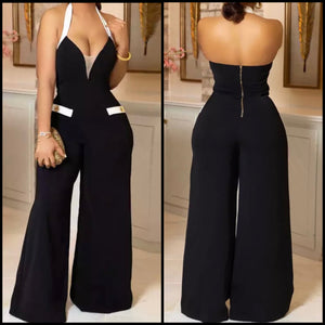 Women Sexy Black/White Halter Wide Leg Jumpsuit