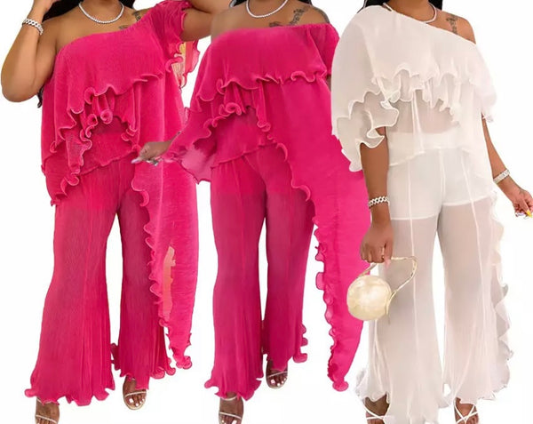 Women Sexy Off The Shoulder Ruffled Asymmetrical Two Piece Pant Set