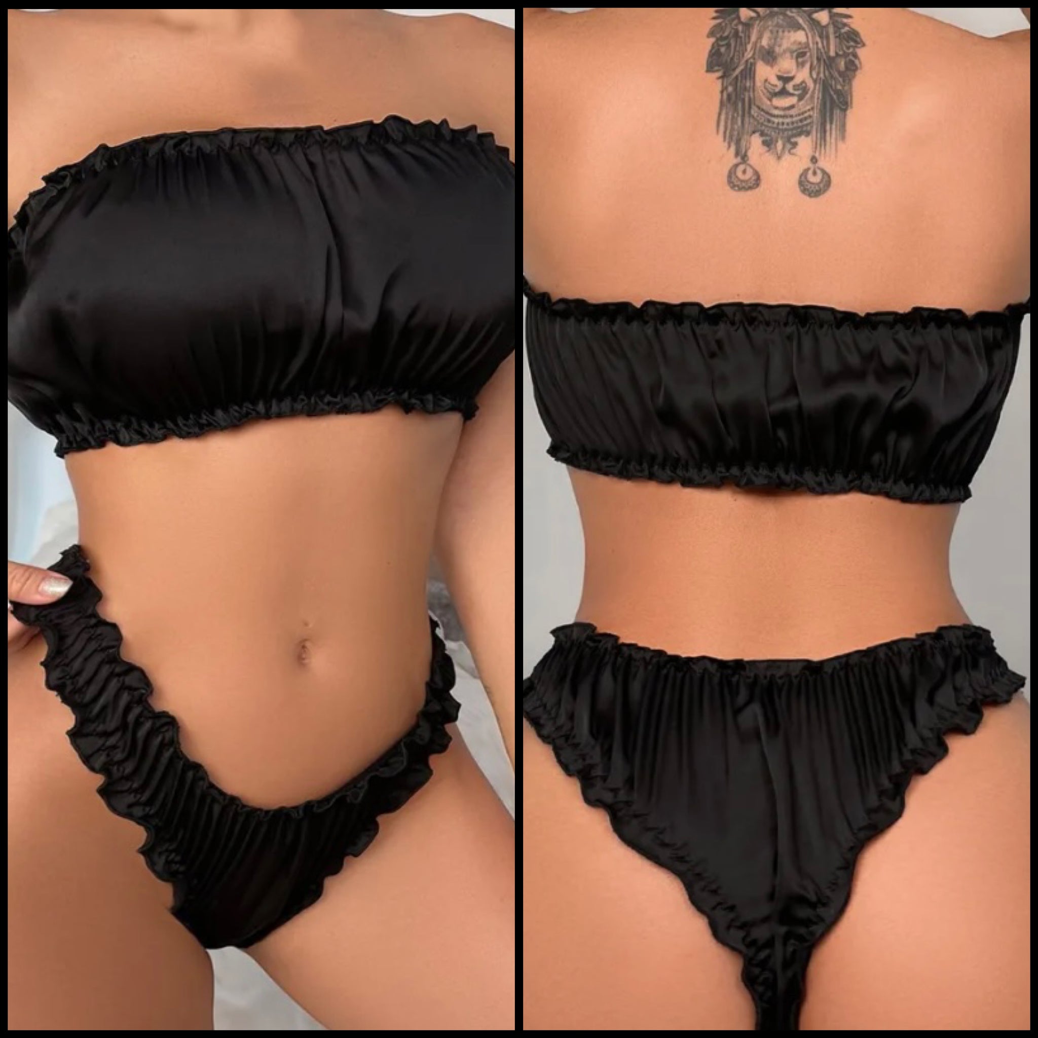 Women Black Sexy Ruffled Strapless Lingerie Set