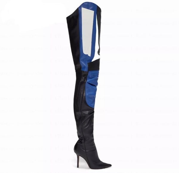 Women Color Patchwork Genuine Leather Thigh High Boots