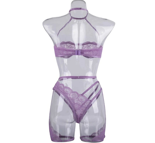 Women Sexy Lace Mesh Purple Lingerie Set