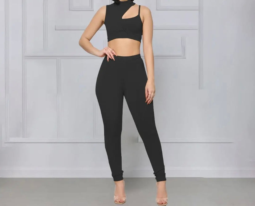 Women Sleeveless Solid Color Crop Two Piece Pant Set