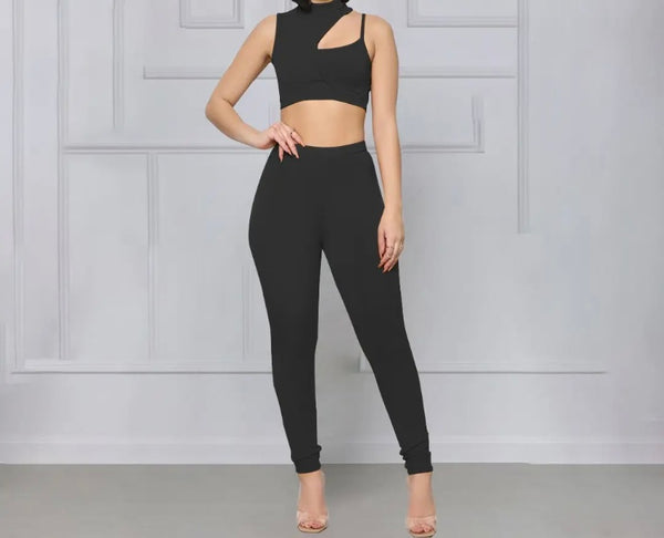 Women Sleeveless Solid Color Crop Two Piece Pant Set