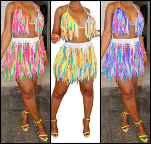 Women Sexy Multicolored Yarn Tassel Sleeveless Two Piece Skirt Set