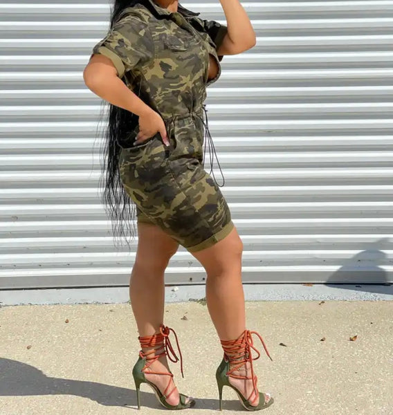 Women Fashion Button Up Short Sleeve Camouflage Romper