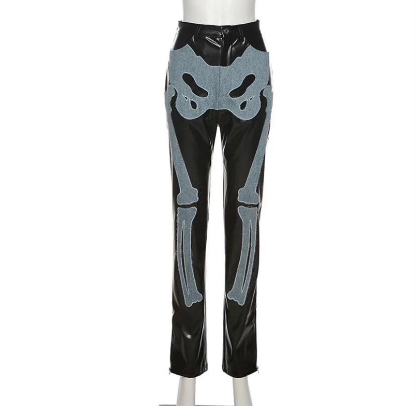 Women PU Leather Skeleton Print Fashion Pants