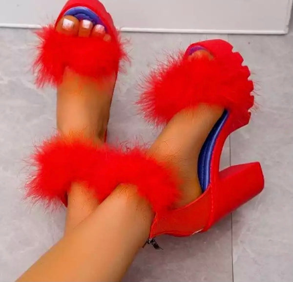 Women Feather Thick Heel Platform Sandals