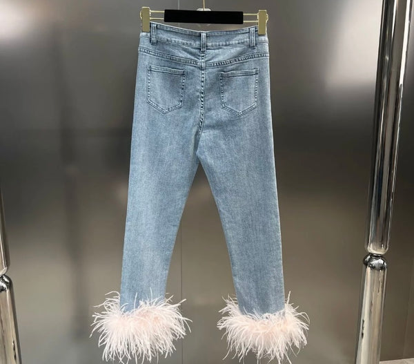 Women Fashion Feather Denim Pants