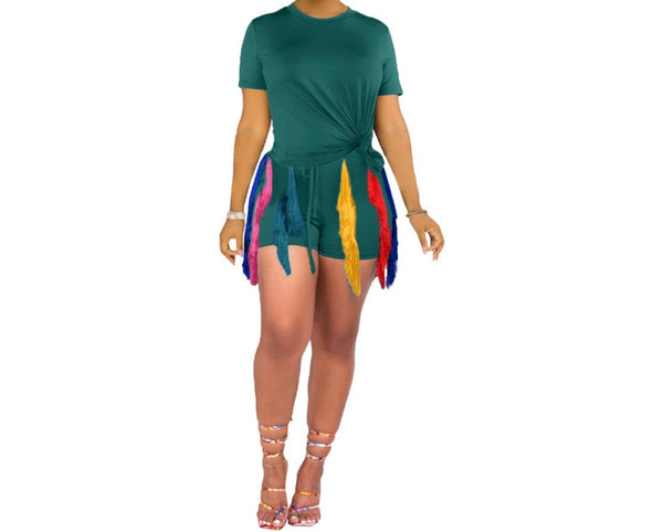 Woman Two Piece Colorful Tassel Short Sleeve Short Set