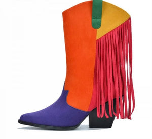 Women Fashion Color Patchwork Tassel Suede Western Boots