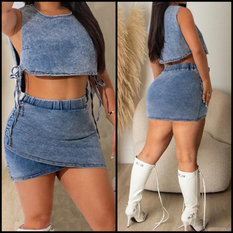 Women Fashion Sexy Sleeveless Tie Up Crop Two Piece Denim Skirt Set