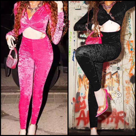Women Sexy Velour Cut Out Full Sleeve Jumpsuit