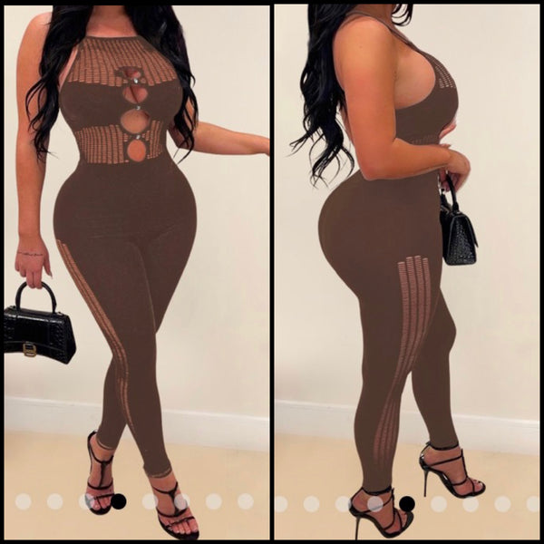 Women Solid Color Sleeveless Mesh Patchwork Sexy Jumpsuit