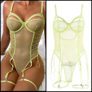 Women Sexy Sleeveless Green Mesh Bodysuit Lingerie