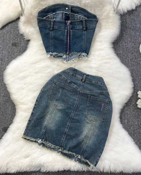 Women Sexy Fashion Strapless Denim Two Piece Skirt Set