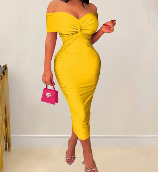 Women Sexy Ruched Off The Shoulder Short Sleeve Long Dress