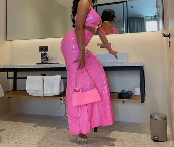 Women Sexy Sleeveless PU Crop Two Piece Maxi Skirt Set