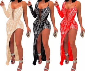 Women Sexy One Shoulder Bling Mesh Side Split Maxi Dress