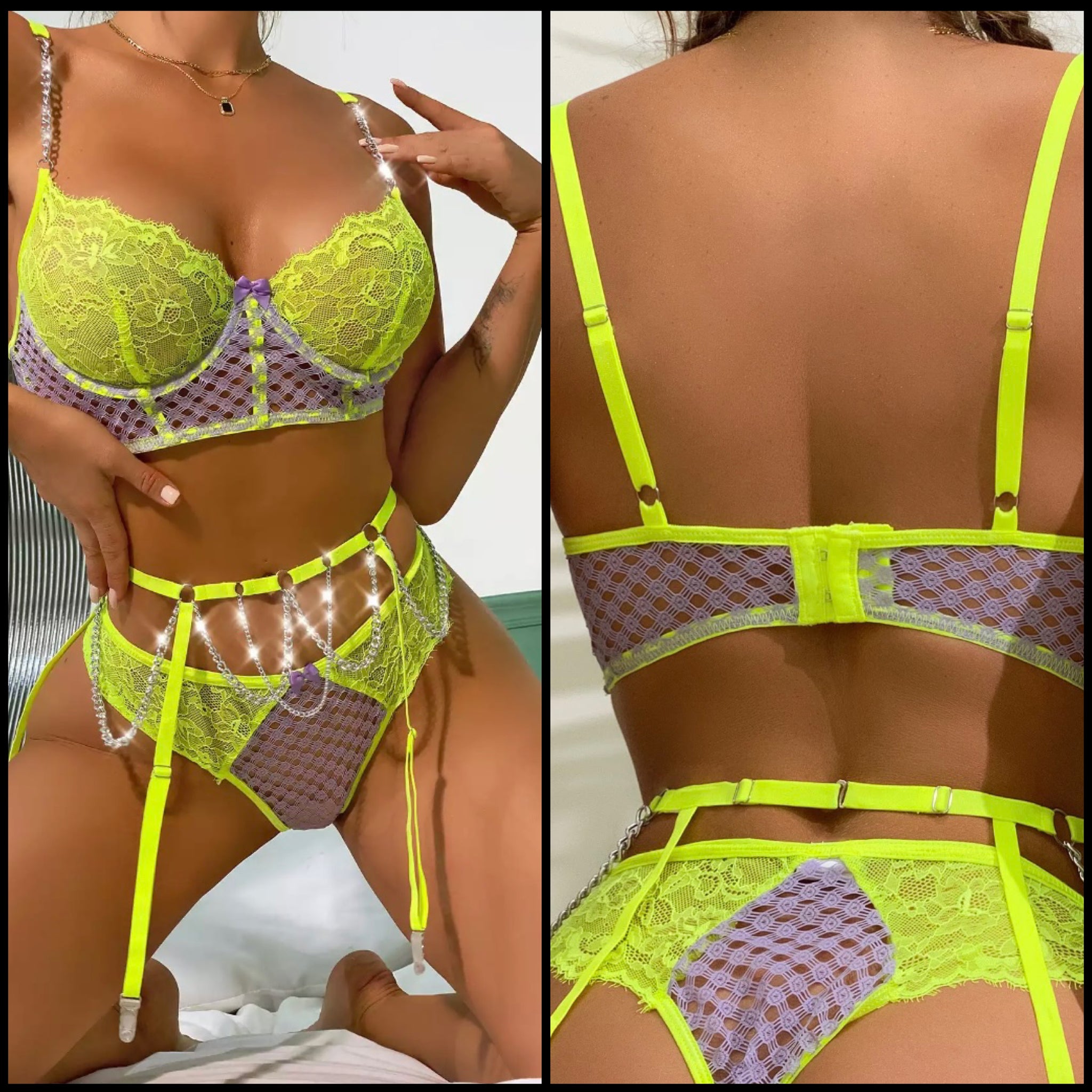 Women Sexy Lace Chain Neon Lingerie Set