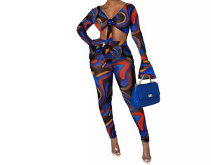 Women Sexy Crop Multicolored Print Two Piece Pant Set