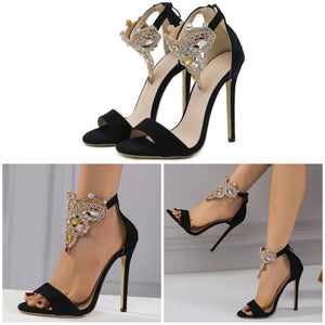 Women Black Rhinestone Ankle Strap Sandals