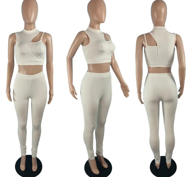 Women Sleeveless Solid Color Crop Two Piece Pant Set