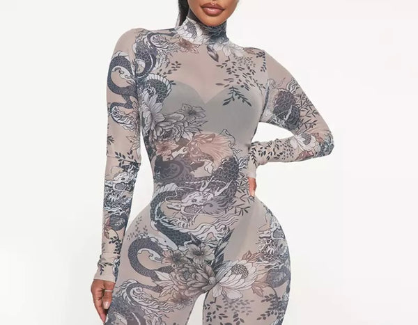 Women Mesh Printed Full Sleeve Feet In Jumpsuit