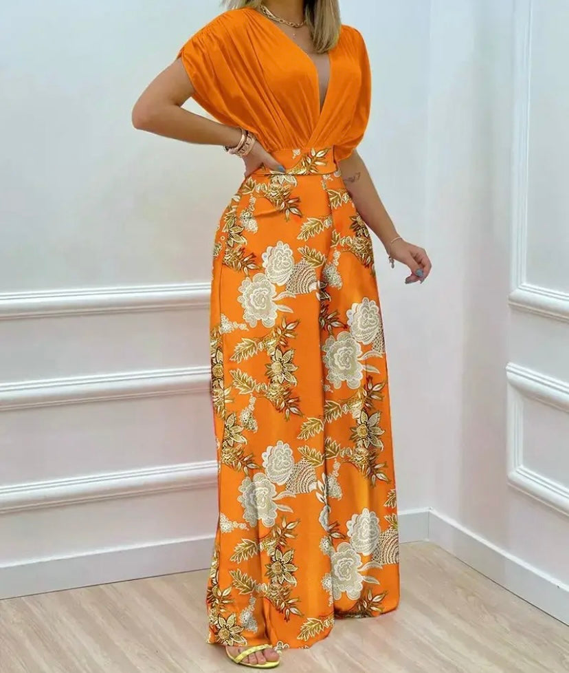 Women Short Sleeve Two Piece Printed Wide Leg Pant Set