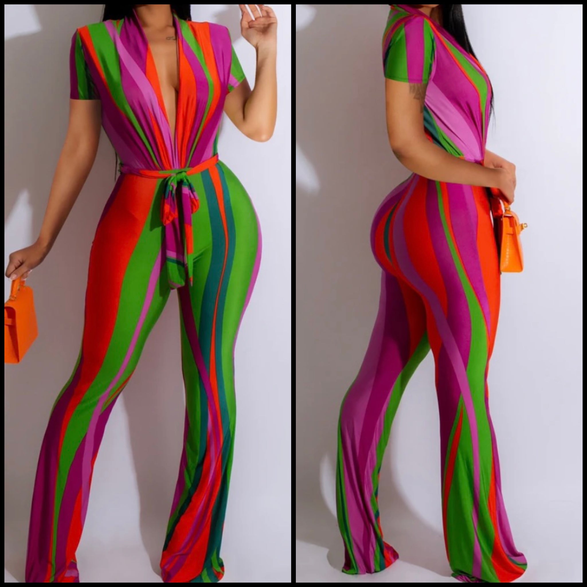 Women Sexy Multicolored Striped Short Sleeve Jumpsuit